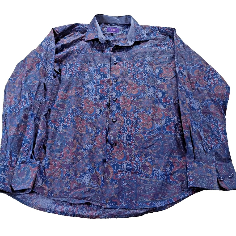 Tallia Men's Large Vibrant Blue Paisley Shirt 100% Cotton‎ XL 17 1/2